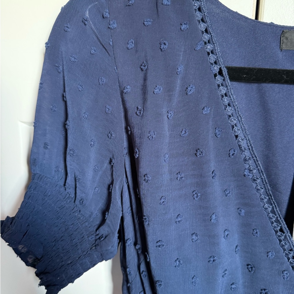 NWT Lulu’s Harmony Navy Blue Swiss Dot Ruffled Faux Wrap Midi Dress size small. - Picture 5 of 5